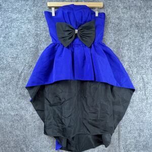 VTG Darcy 80s Peplum Cocktail Party Dress Small Blue Black Bow Glam Statement